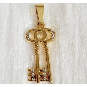 VINtage Signed Double Key Rhinestone Pendant Charm Gold Tone Metal 15354